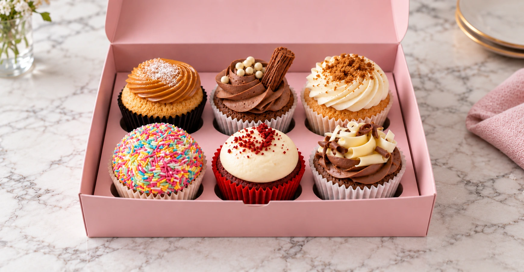 Pink Alex’s Bakery gift box with six assorted cupcakes