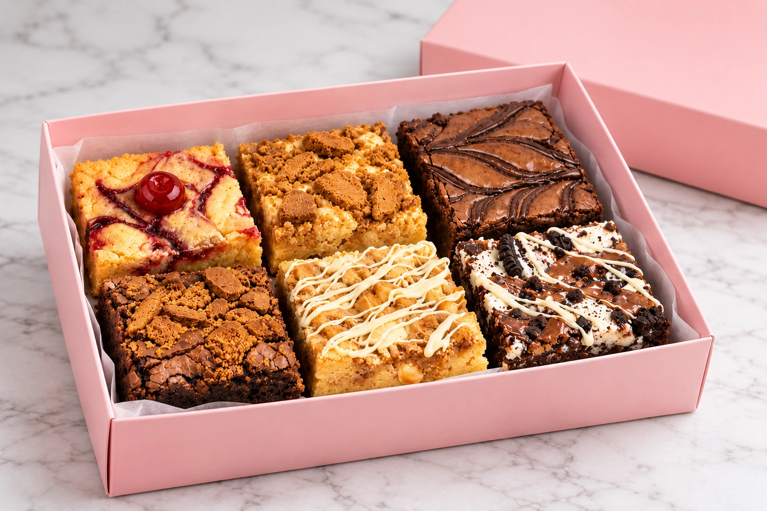 Pink Alex’s Bakery box with assorted brownies and blondies