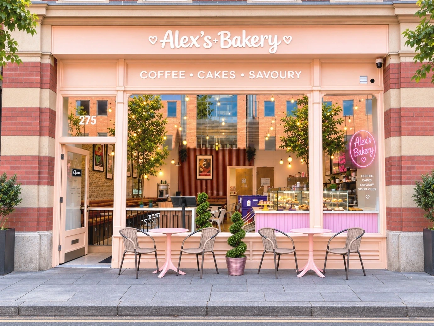 Alex’s Bakery pink shop front at 275 Deansgate, Manchester