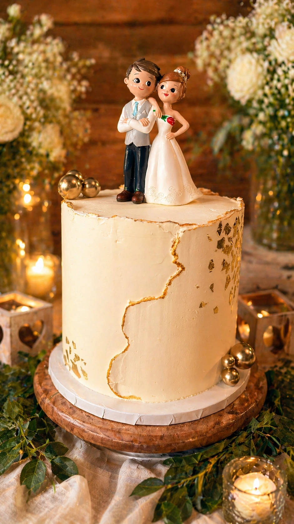 Wedding cake with gold details and topper