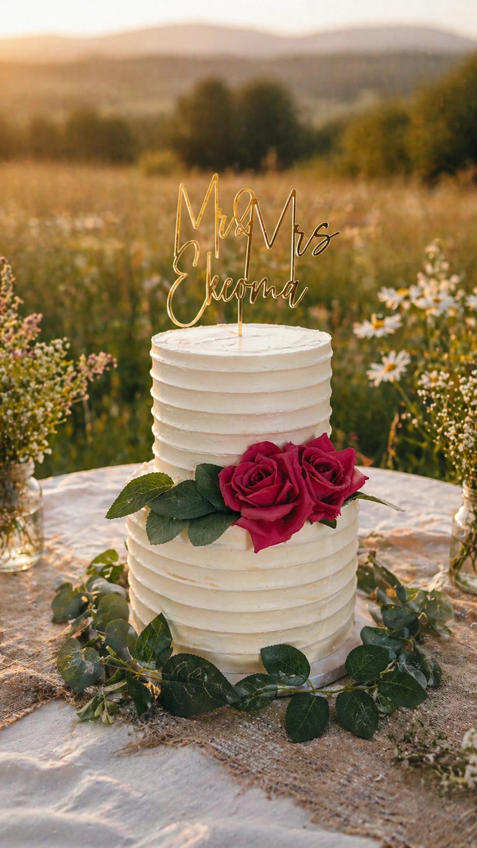 Outdoor wedding cake with topper