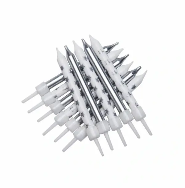 Glitter Birthday Candles Pack - White / Silver Stars