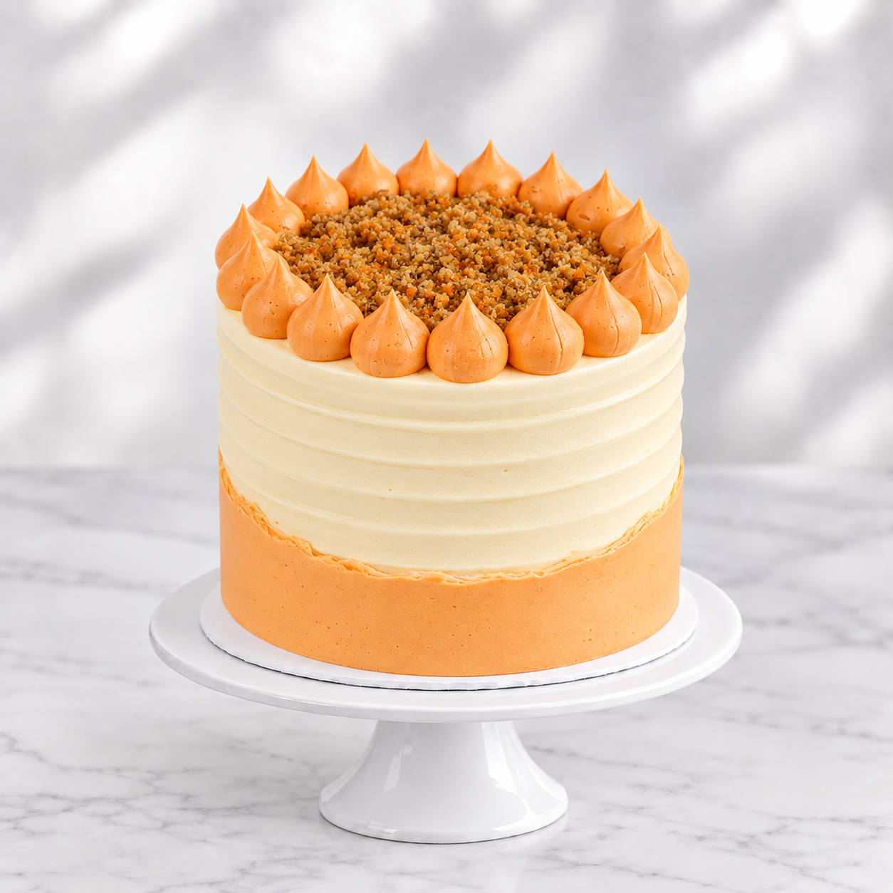 Brazilian-style Carrot Cake with cream buttercream, orange piping and carrot cake crumbs on a white cake stand – Alex’s Bakery Manchester