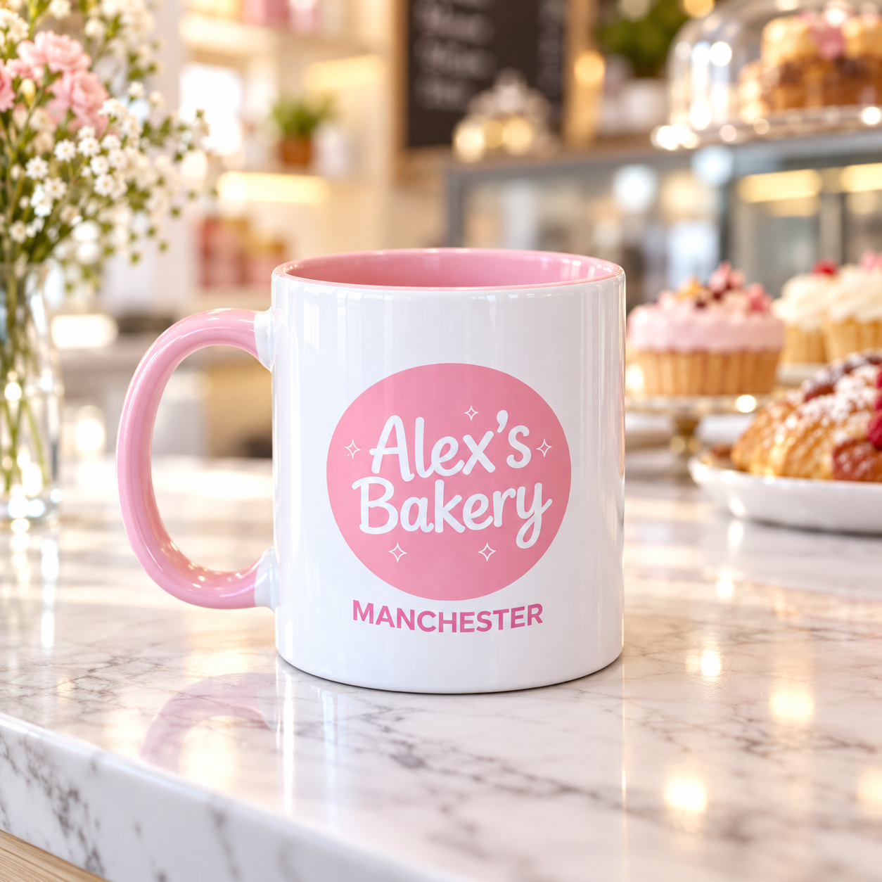 Alex's Bakery branded pink gift mug