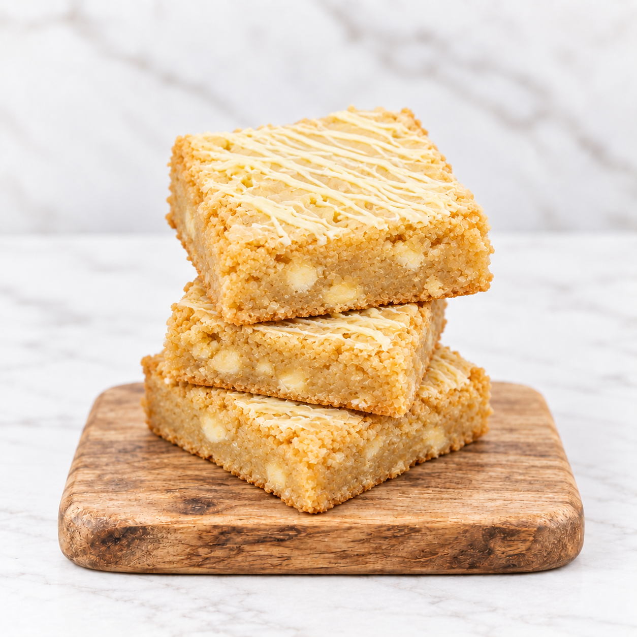 Stacked white chocolate Milkbar blondie slices from Alex's Bakery